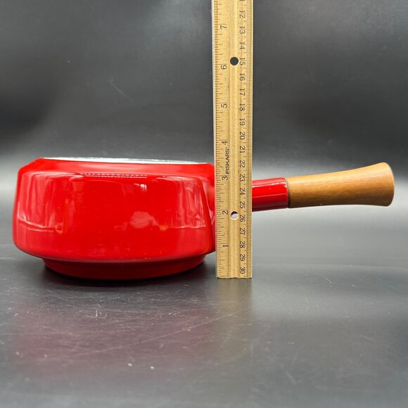 Vintage Fondue Pot Saucepan Dansk Kobenstyle Red Enamel Teak Wood No Lid - Picture 11 of 12